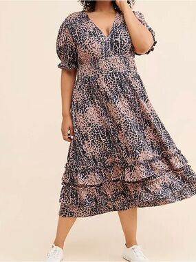 Hutch Anthropologie Adelia Ruffle Midi Dress Leopard Animal Print Sz 1X Plus